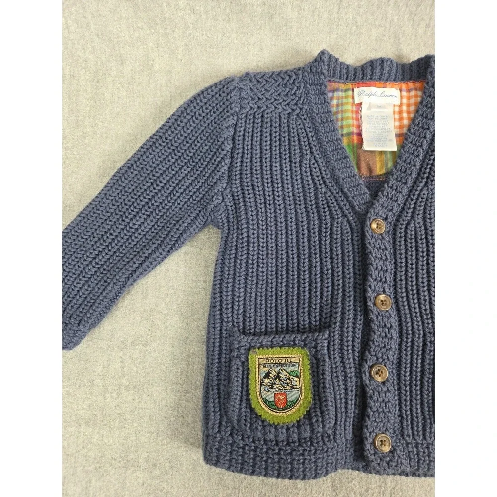 Ralph Lauren Baby Cardigan Sweater 9 Months Blue Cable Knit Expedition Patch Y2K